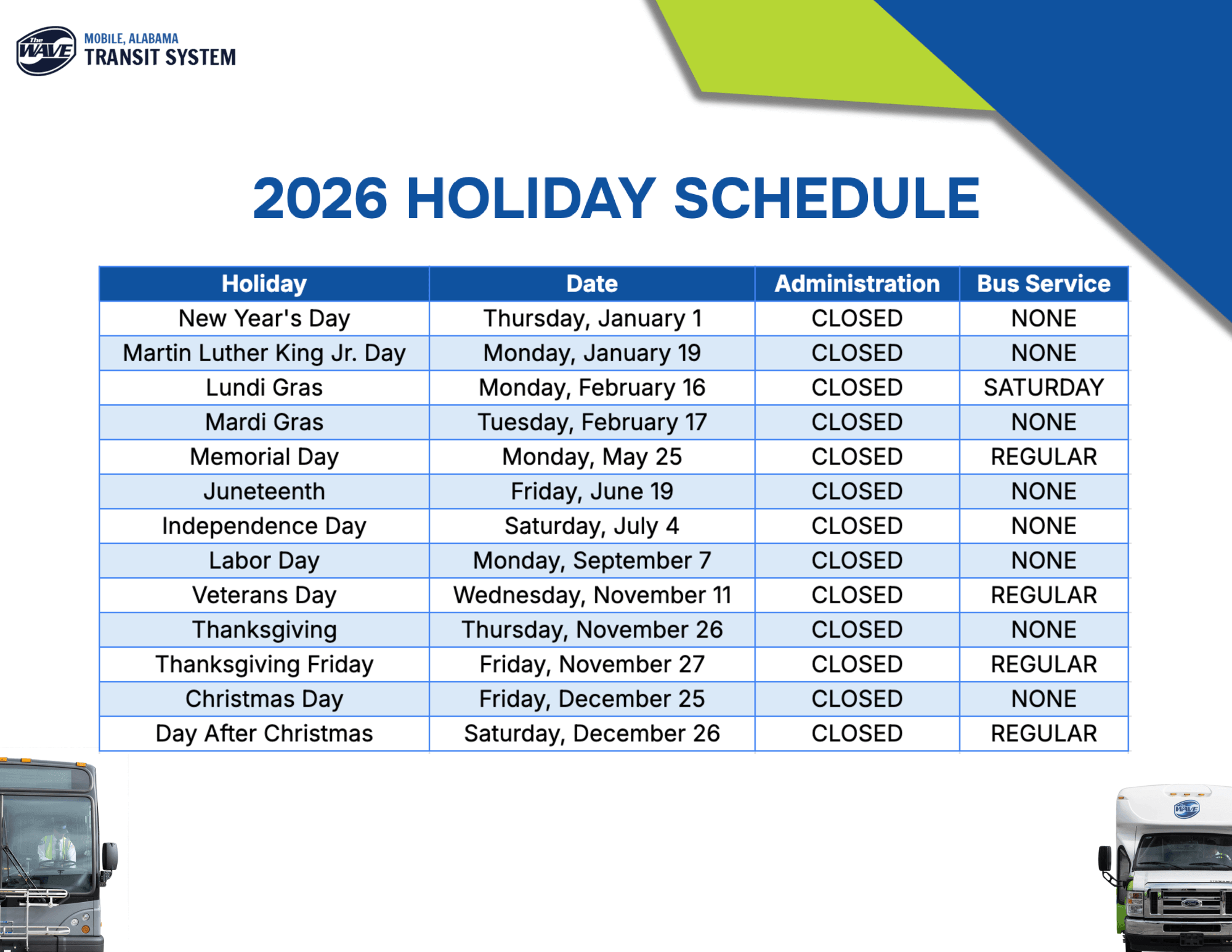 2026 Holiday Schedule